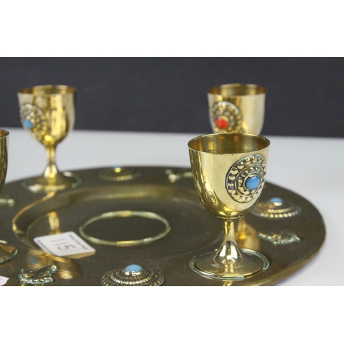115 - Brass Eastern Tray with Carafe and Four Cups decorated with Turquoise and Red Stone Doves carrying O... 