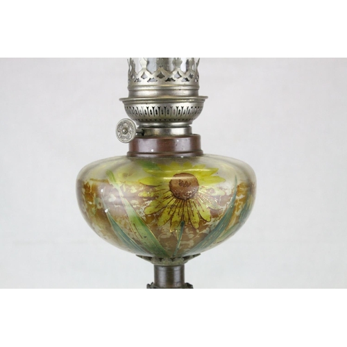 77 - Late 19th century Bronzed Spelter Oil Lamp, the column in the form of a Cherub holding the floral pa... 