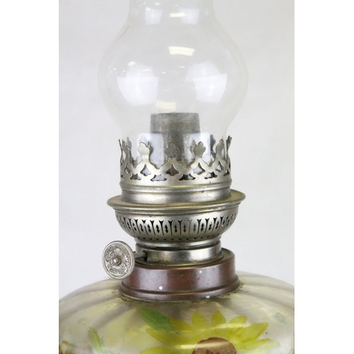 77 - Late 19th century Bronzed Spelter Oil Lamp, the column in the form of a Cherub holding the floral pa... 