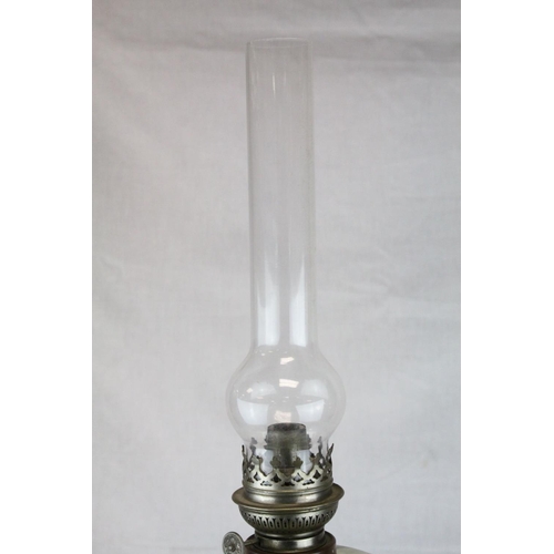 77 - Late 19th century Bronzed Spelter Oil Lamp, the column in the form of a Cherub holding the floral pa... 