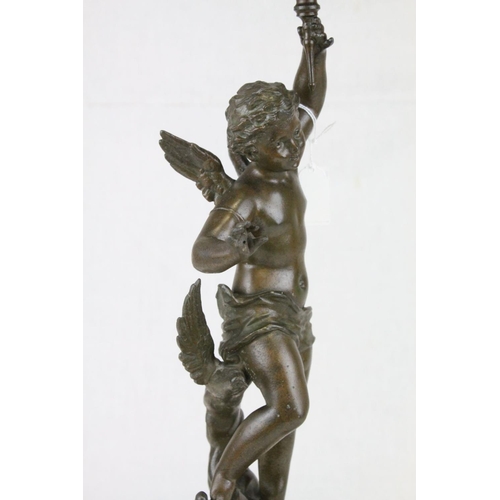 77 - Late 19th century Bronzed Spelter Oil Lamp, the column in the form of a Cherub holding the floral pa... 