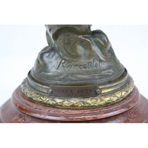 77 - Late 19th century Bronzed Spelter Oil Lamp, the column in the form of a Cherub holding the floral pa... 