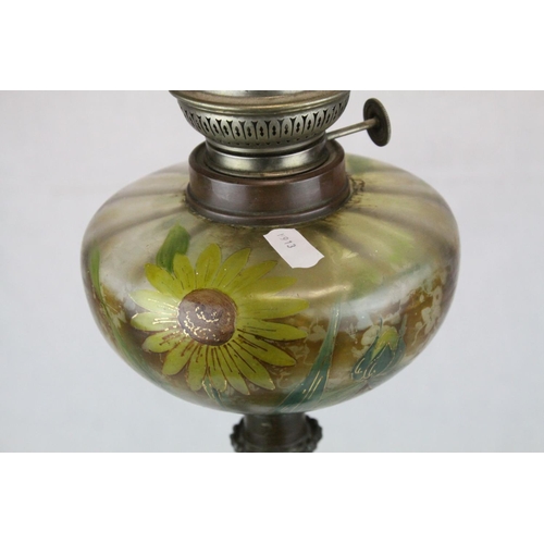 77 - Late 19th century Bronzed Spelter Oil Lamp, the column in the form of a Cherub holding the floral pa... 