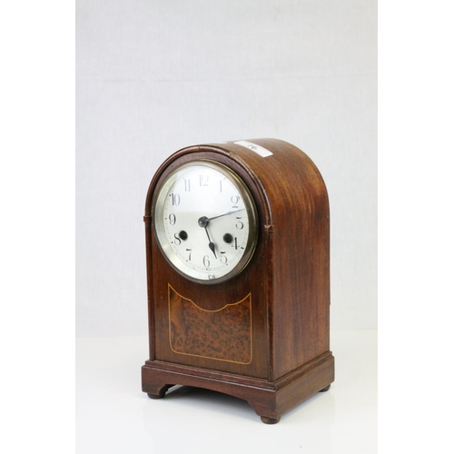 78 - Edwardian Mahogany Inlaid Domed Cased Mantle Clock, 8 day movement with silvered face,  28cms high