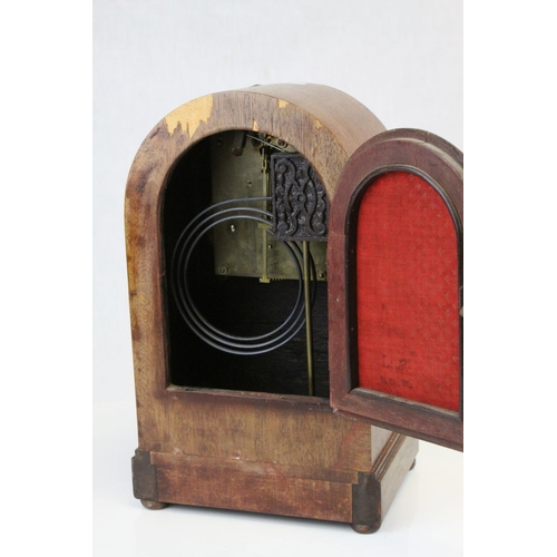 78 - Edwardian Mahogany Inlaid Domed Cased Mantle Clock, 8 day movement with silvered face,  28cms high