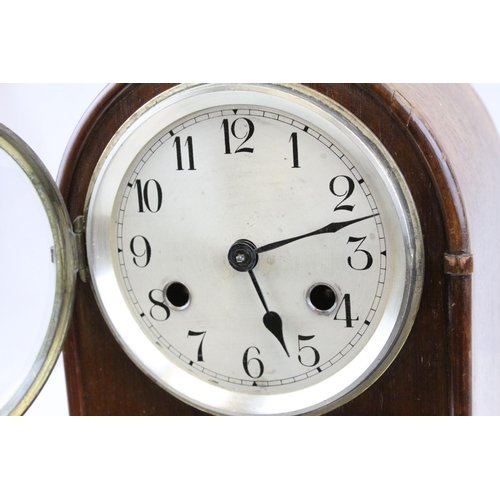78 - Edwardian Mahogany Inlaid Domed Cased Mantle Clock, 8 day movement with silvered face,  28cms high