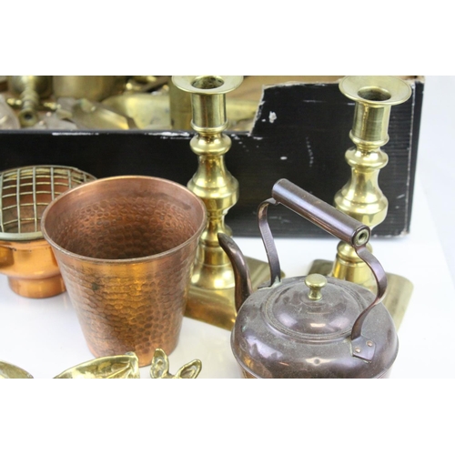 84 - Collection of Copper and Brass Ware including Pair of Brass Candlesticks, Brass Letter Rack, Small C... 
