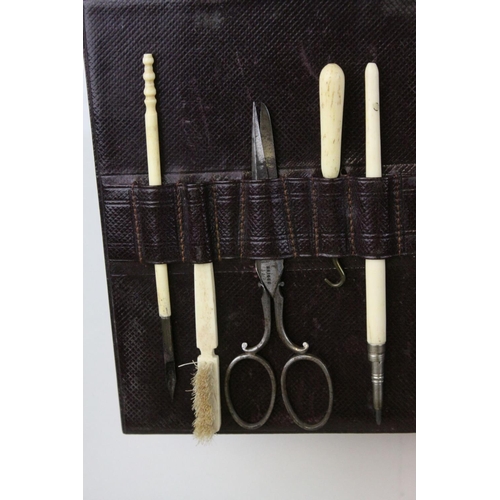 86 - Victorian Leather Covered Gentleman's Travelling Writing / Vanity Case, the hinged lid opening to re... 