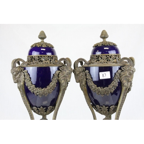 87 - Pair of 19th century French Sevres Style Cobalt Blue Porcelain Lidded Urns, the Ormolu Mounts with R... 
