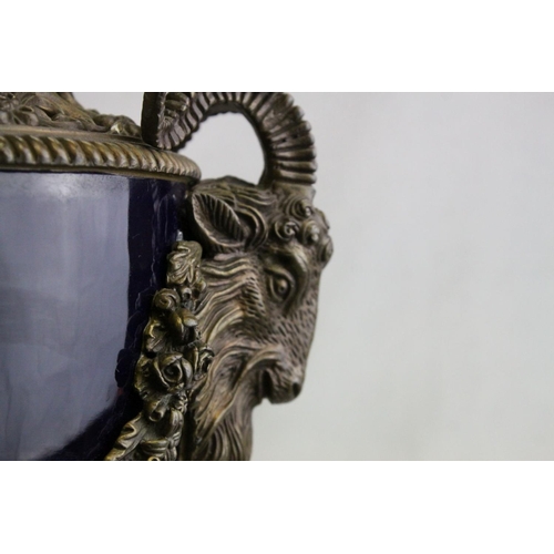 87 - Pair of 19th century French Sevres Style Cobalt Blue Porcelain Lidded Urns, the Ormolu Mounts with R... 