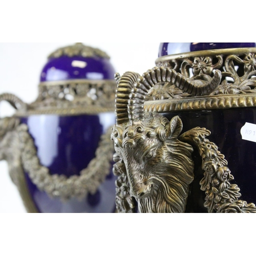 87 - Pair of 19th century French Sevres Style Cobalt Blue Porcelain Lidded Urns, the Ormolu Mounts with R... 