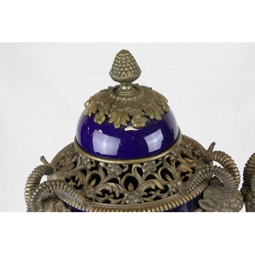 87 - Pair of 19th century French Sevres Style Cobalt Blue Porcelain Lidded Urns, the Ormolu Mounts with R... 