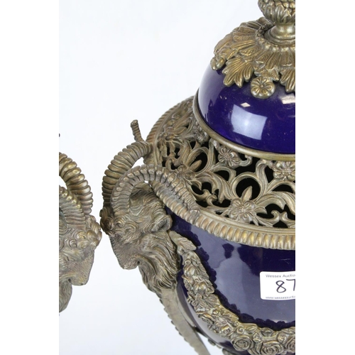 87 - Pair of 19th century French Sevres Style Cobalt Blue Porcelain Lidded Urns, the Ormolu Mounts with R... 