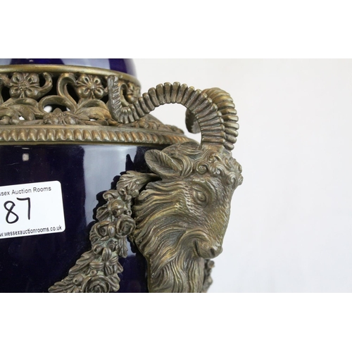 87 - Pair of 19th century French Sevres Style Cobalt Blue Porcelain Lidded Urns, the Ormolu Mounts with R... 