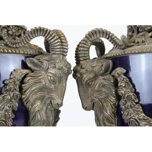 87 - Pair of 19th century French Sevres Style Cobalt Blue Porcelain Lidded Urns, the Ormolu Mounts with R... 