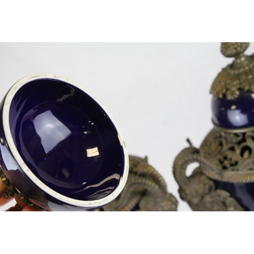 87 - Pair of 19th century French Sevres Style Cobalt Blue Porcelain Lidded Urns, the Ormolu Mounts with R... 