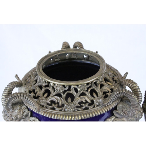 87 - Pair of 19th century French Sevres Style Cobalt Blue Porcelain Lidded Urns, the Ormolu Mounts with R... 