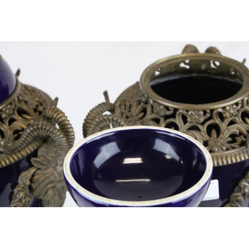 87 - Pair of 19th century French Sevres Style Cobalt Blue Porcelain Lidded Urns, the Ormolu Mounts with R... 