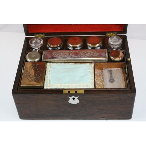 88 - Victorian Rosewood Dressing Box, the hinged lid opening to reveal Silver Plated Fittings, with key, ... 