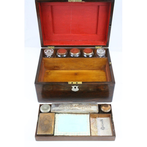 88 - Victorian Rosewood Dressing Box, the hinged lid opening to reveal Silver Plated Fittings, with key, ... 