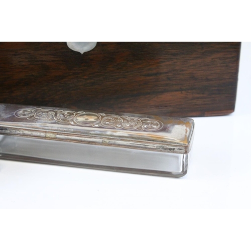 88 - Victorian Rosewood Dressing Box, the hinged lid opening to reveal Silver Plated Fittings, with key, ... 