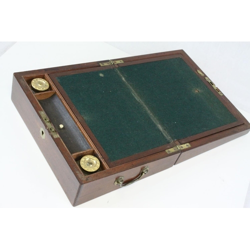90 - 19th century Mahogany Writing Slope Box fitted with two glass inkwells, 27cms wide