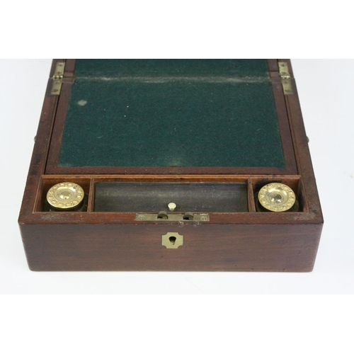 90 - 19th century Mahogany Writing Slope Box fitted with two glass inkwells, 27cms wide