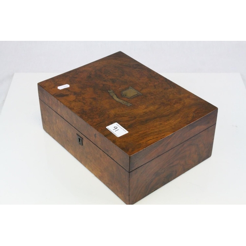 91 - Victorian Burr Walnut Fitted Box with Brass Mounts, 30cms wide