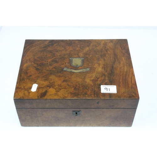91 - Victorian Burr Walnut Fitted Box with Brass Mounts, 30cms wide