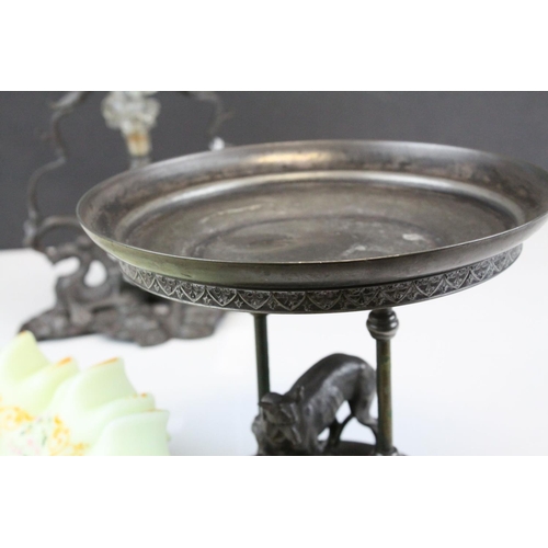 95 - 19th century Single Stem Frilled Blue Tinted Glass Epergne raised on a Spelter Base, 31cms high toge... 