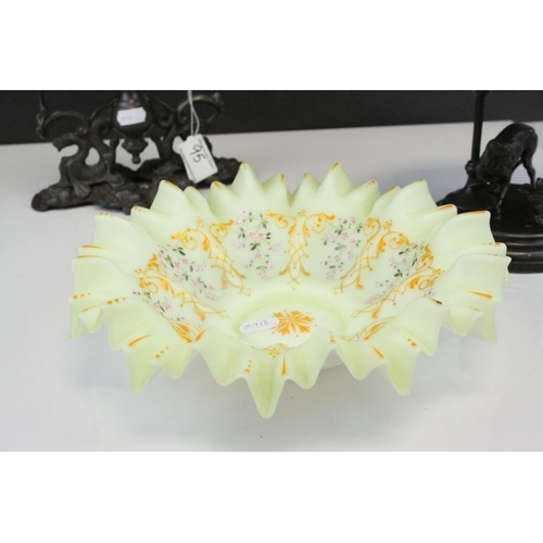 95 - 19th century Single Stem Frilled Blue Tinted Glass Epergne raised on a Spelter Base, 31cms high toge... 