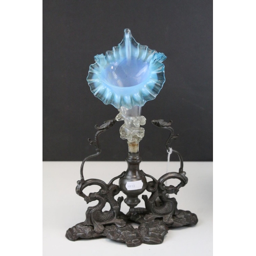 95 - 19th century Single Stem Frilled Blue Tinted Glass Epergne raised on a Spelter Base, 31cms high toge... 
