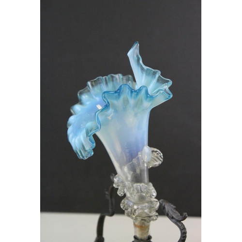95 - 19th century Single Stem Frilled Blue Tinted Glass Epergne raised on a Spelter Base, 31cms high toge... 