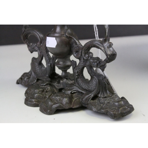 95 - 19th century Single Stem Frilled Blue Tinted Glass Epergne raised on a Spelter Base, 31cms high toge... 