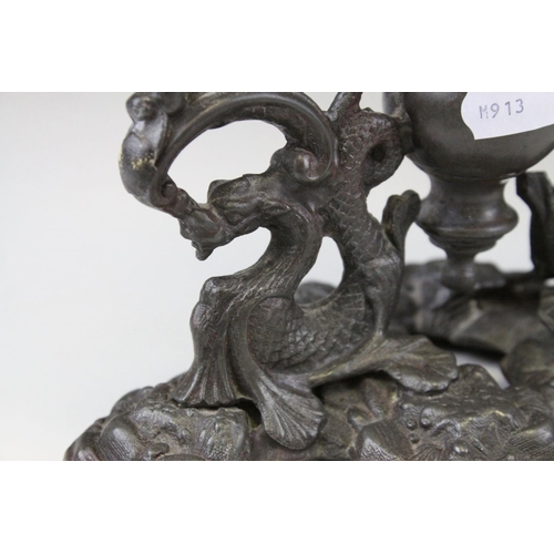 95 - 19th century Single Stem Frilled Blue Tinted Glass Epergne raised on a Spelter Base, 31cms high toge... 