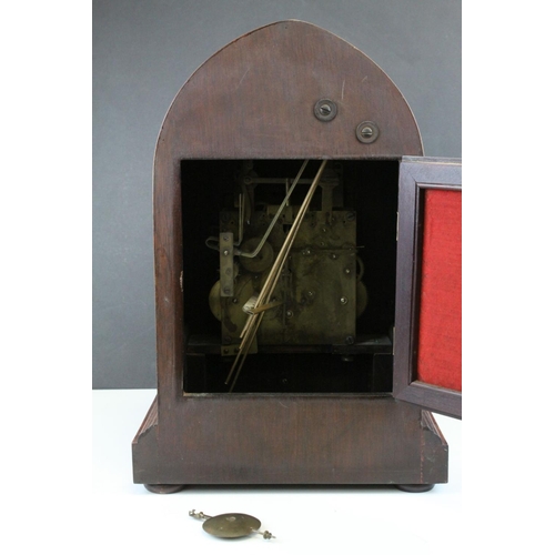 97 - Edwardian Mahogany Inlaid Arched Top Three Train Mantle Clock, the engraved white metal face with Fa... 