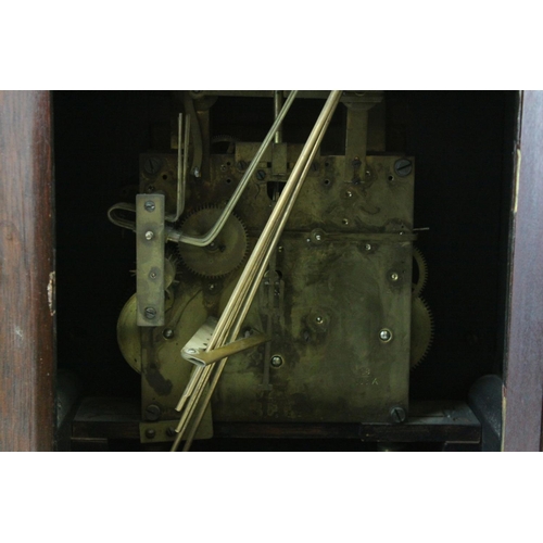 97 - Edwardian Mahogany Inlaid Arched Top Three Train Mantle Clock, the engraved white metal face with Fa... 