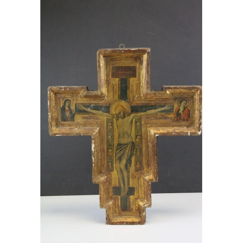 98 - Florentine School - Wooden Icon Cross painted with a scene of the Crucifixion, label to verso ' Gall... 