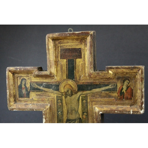 98 - Florentine School - Wooden Icon Cross painted with a scene of the Crucifixion, label to verso ' Gall... 