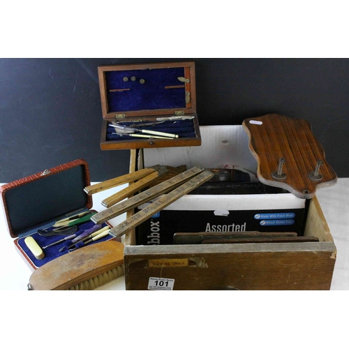 101 - Mixed Lot including Leather Cased Tape Measure, Corkscrew, Folding Wooden Rulers, etc