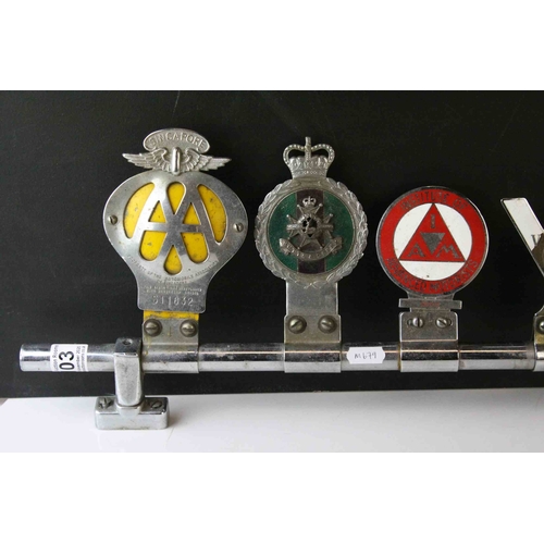 103 - Seven Vintage Car Badges mounted on Tubular Bracket including Singapore AA Badge, Notts & County... 