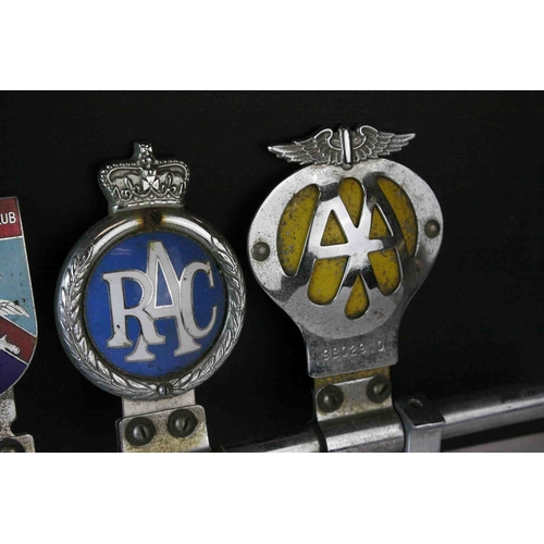 103 - Seven Vintage Car Badges mounted on Tubular Bracket including Singapore AA Badge, Notts & County... 