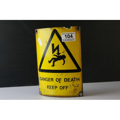 104 - Curved Yellow Enamel Sign ' Danger of Death, Keep Off ' , 20cms high