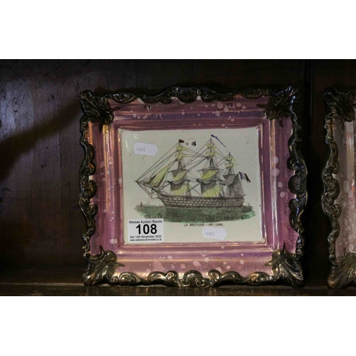 108 - Four 19th century Sunderland Pink Lustre Wall Plaques including Two with Transfer Print Ships ' La B... 