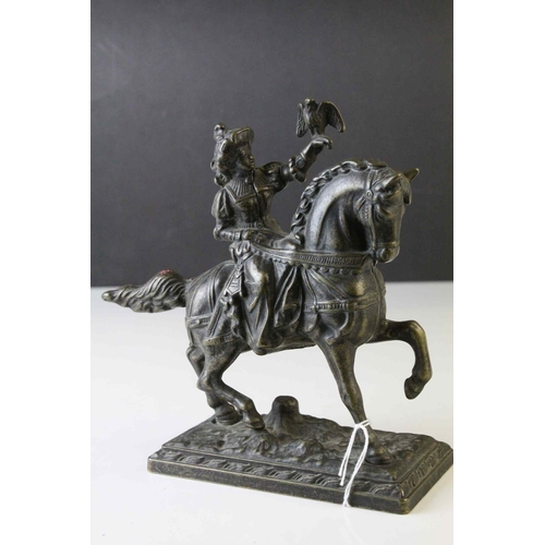 109 - Cast Figure of a Noble Gentleman on Horseback holding a Bird of Prey on his Arm