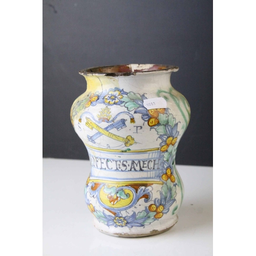 113 - Three Antique Maiolica Tin Glazed Earthenware Apothecary Wet Drug Jars, 22cms high (two with lids) t... 