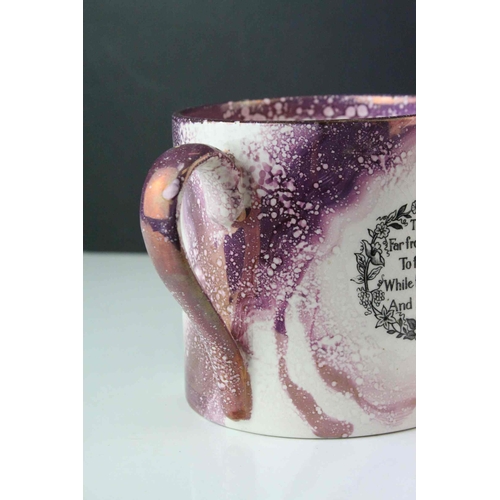 114 - 19th century Sunderland Pink Lustre Twin Handled Mug together with Three Sunderland Pink Lustre Jugs... 