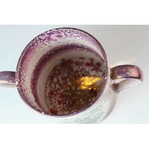 114 - 19th century Sunderland Pink Lustre Twin Handled Mug together with Three Sunderland Pink Lustre Jugs... 