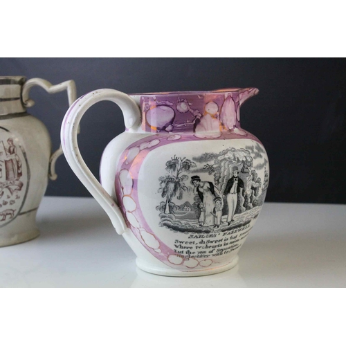 114 - 19th century Sunderland Pink Lustre Twin Handled Mug together with Three Sunderland Pink Lustre Jugs... 