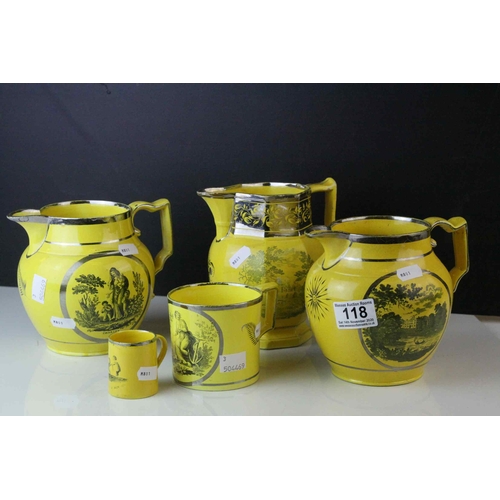 118 - Three 19th century Yellow Ground Pottery Jugs with Lustre and Transfer Printed Decoration together w... 